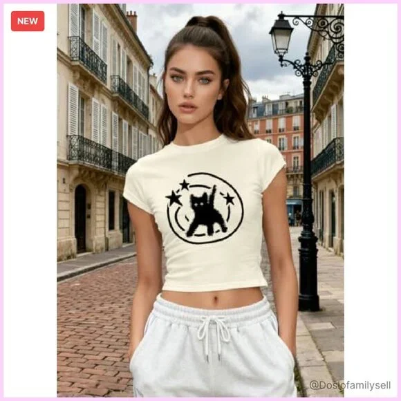 Y2K Cat Print Crop Top Vintage Slim Fit Cute Graphic Baby Tee Short Sleeve - Picture 6 of 7